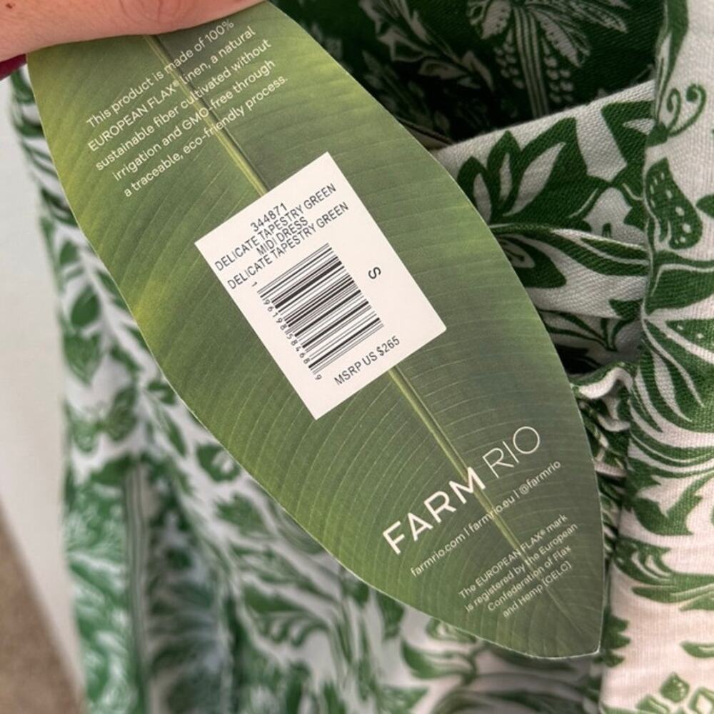 FARM RIO Delicate Tapestry Green Linen Midi Dress Size Small NEW - Picture 9 of 13